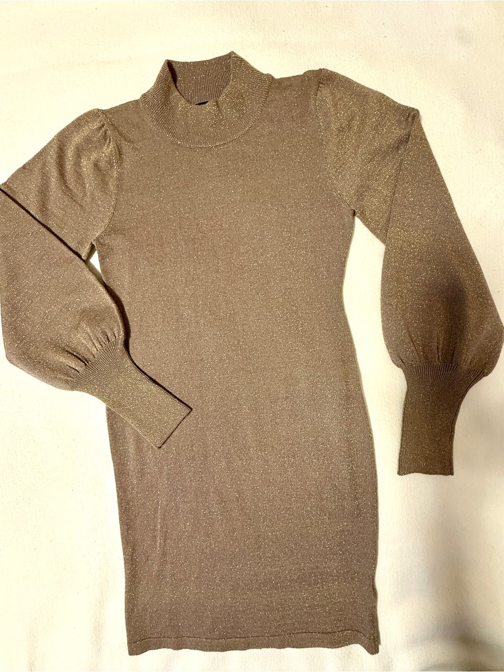Vici Metallic Taupe Mock Neck Knit Dress with Puff Sleeves- New without tag